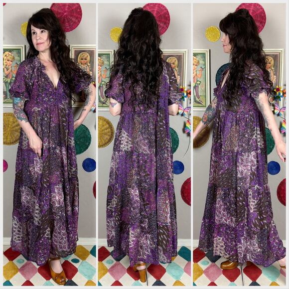Vintage 1970s Purple Short Sleeve Tiered Gauzy Cotton Midi Dress - Picture 3 of 8